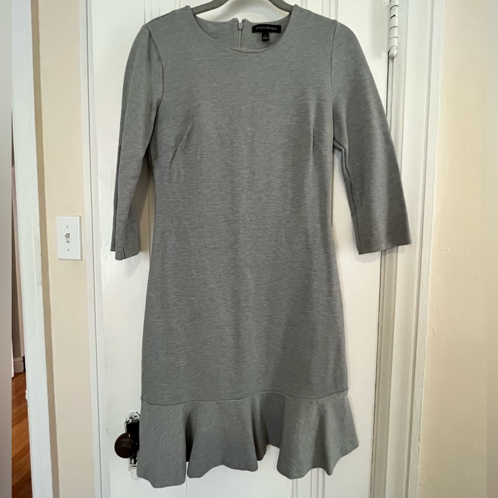 Ponte grey Banana Republic dress with wide hem ruffle.